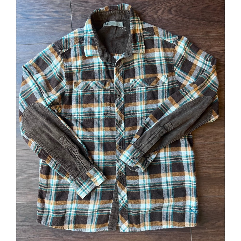 REI Mens Plaid Flannel Button Down Shirt Brown Teal Elbow Patches Medium